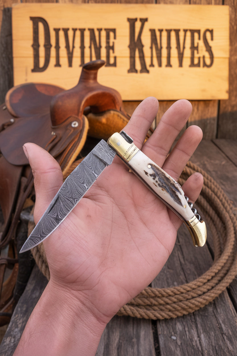Laguiole StagHorn Pocket Knife with Forged Damascus Blade