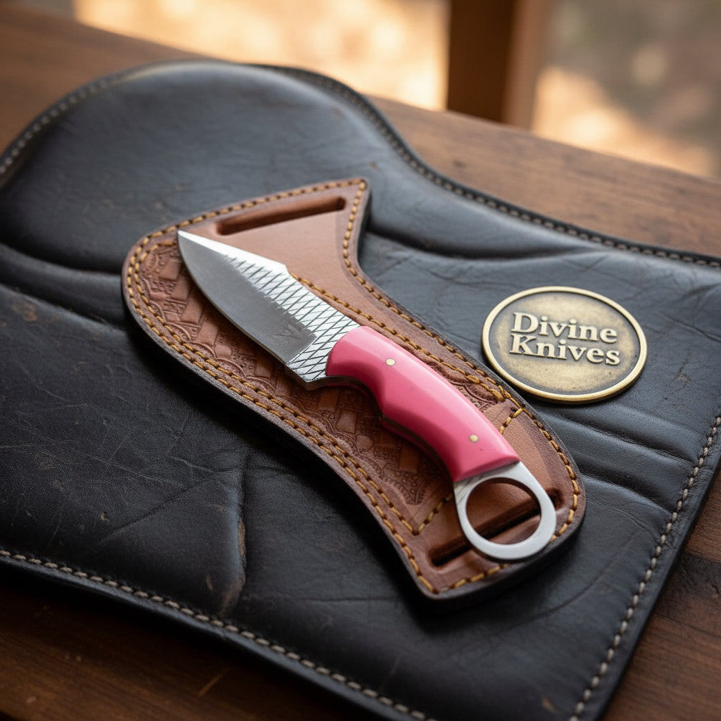 Pink Resin Rasp Ring Skinner Knife with Rasp File Blade