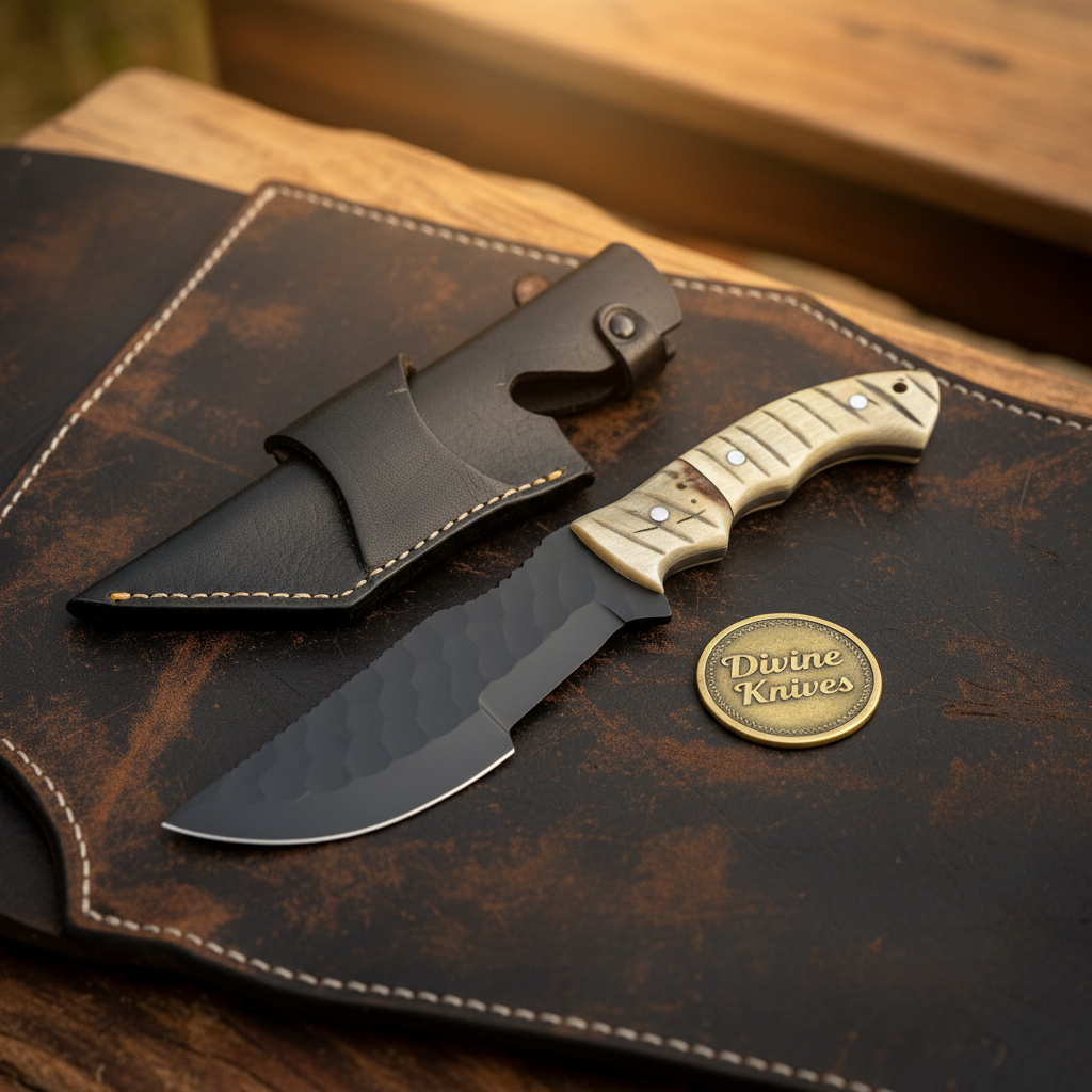 Black Forged Bushcraft Tracker Knife with Carved Handle for Outdoor Work