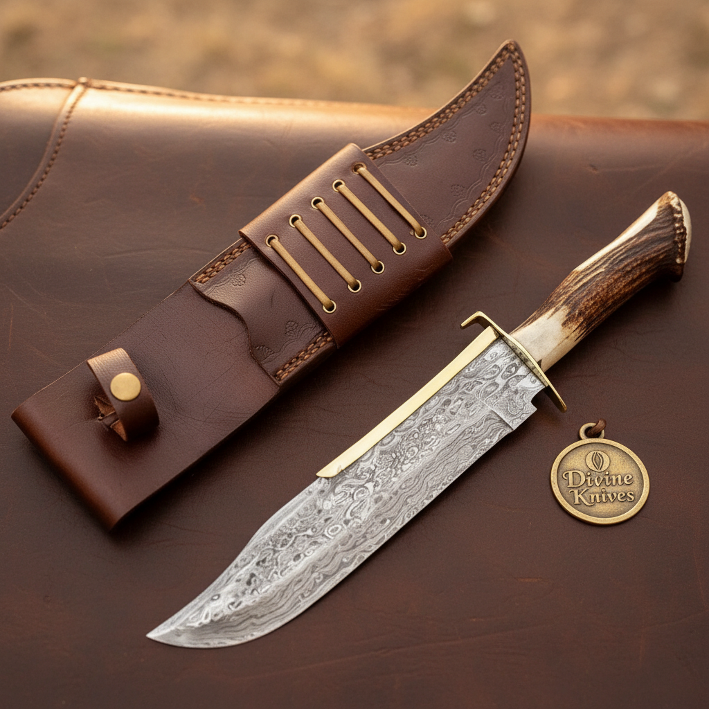 Dundee Crown Stag Damascus Bowie Knife with Natural Crown