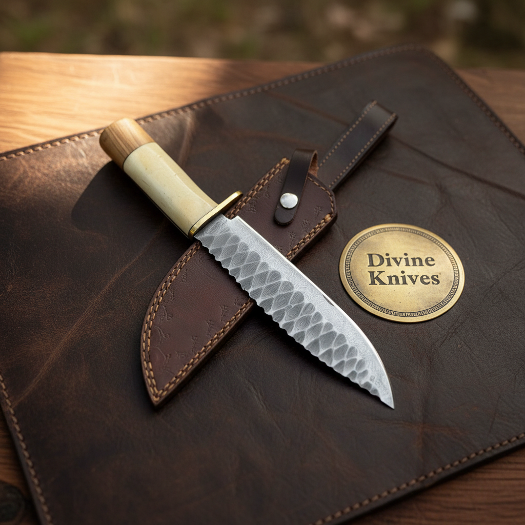 Hammered Bone Handle Camp Knife with Dimpled Forged Blade and Snap Leather Sheath