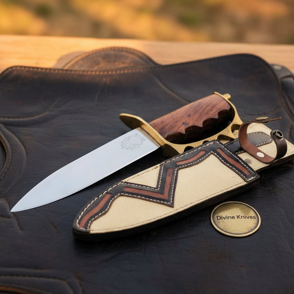 Knuckle Guard Dagger Knife with Rosewood Finger Groove Grip and Two Tone Leather Sheath
