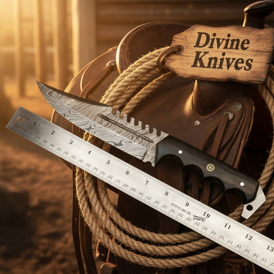 Damascus Sawback Bowie Hunter with Finger Choil