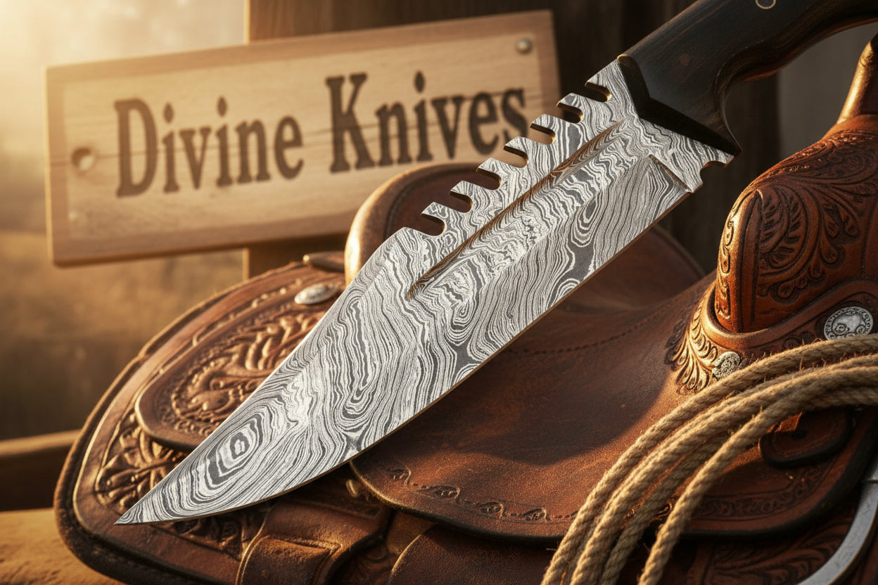 Damascus Sawback Bowie Hunter with Finger Choil