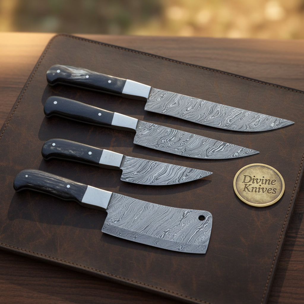 Buffalo Horn Damascus Butcher Chef Knife Set with Cleaver for Kitchen Work