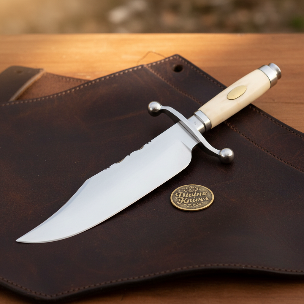 Bone Handle Bowie Knife with Mirror Finished Blade and Hand Stitched Leather Sheath