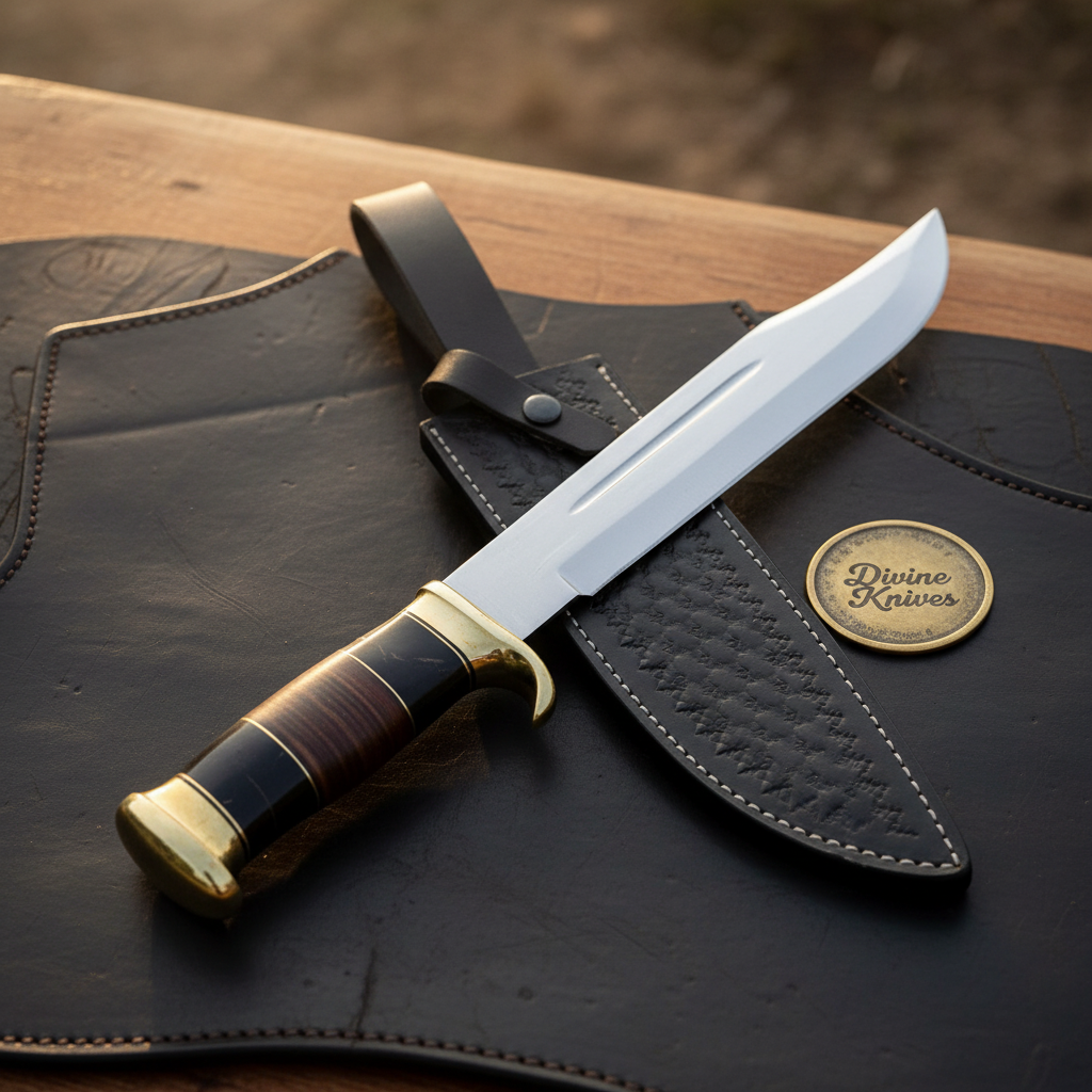 Stacked Leather Handle Bowie Knife with Fullered Mirror Blade and Black Tooled Sheath