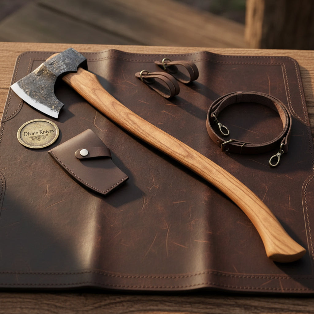 Scandinavian Hewing Axe with Curved Hickory Handle & Leather Bit Guard