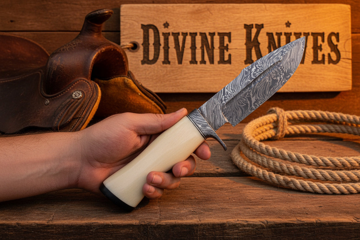 Dakota Bone Cowboy Knife with Wood Grain Damascus Drop Point Blade