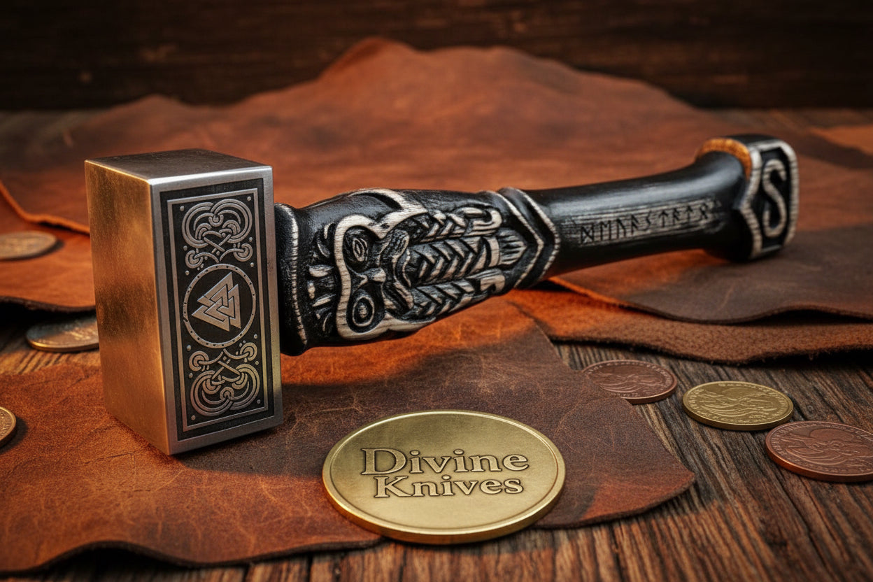 Valknut Odin Thor's Hammer with Carved Rune Handle