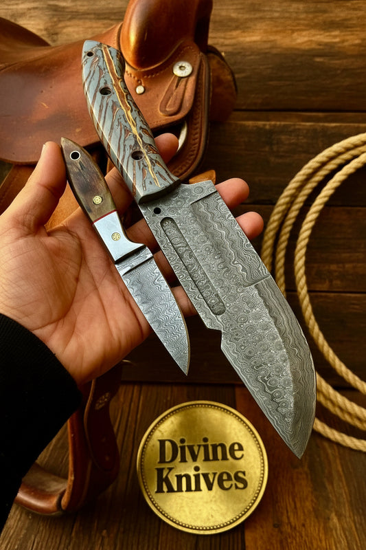 Damascus Tracker and Scout Knife Set with Two Forged Blades