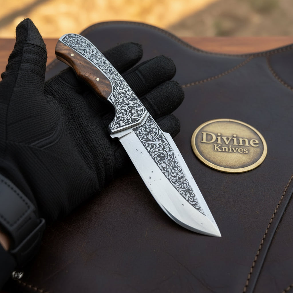 Engraved Hunting Skinner Knife with Carved Wood Handle