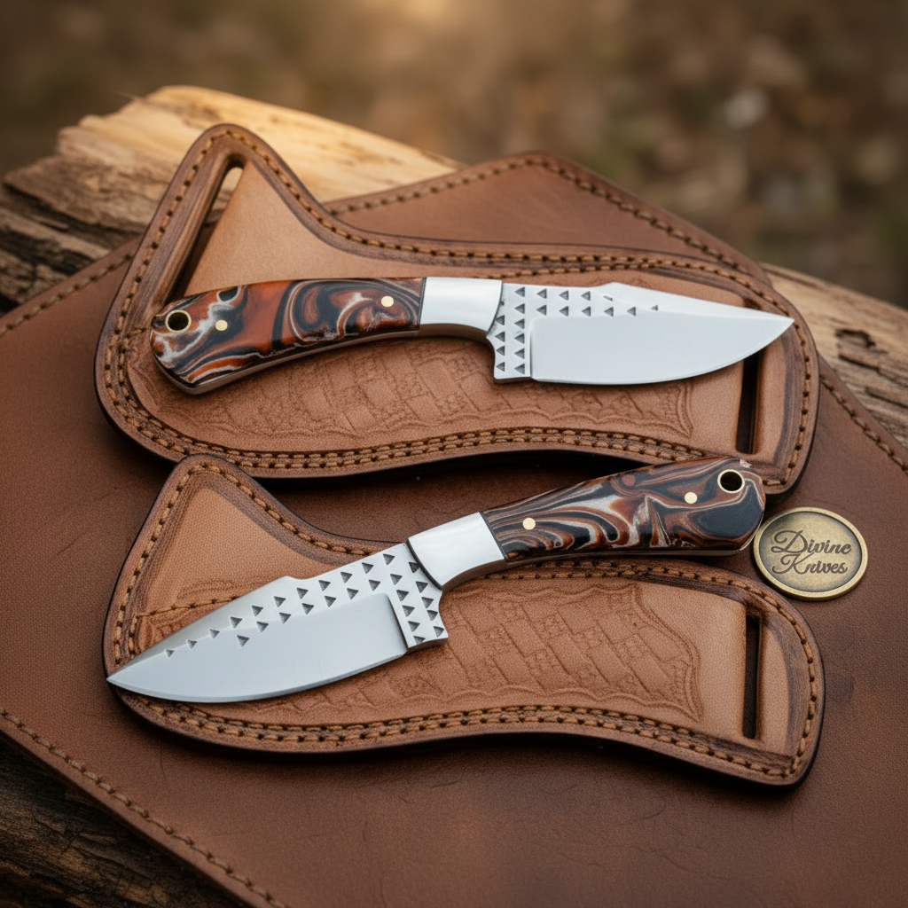 Brown Marbled Rasp Skinner Set with Tooled Leather Sheath