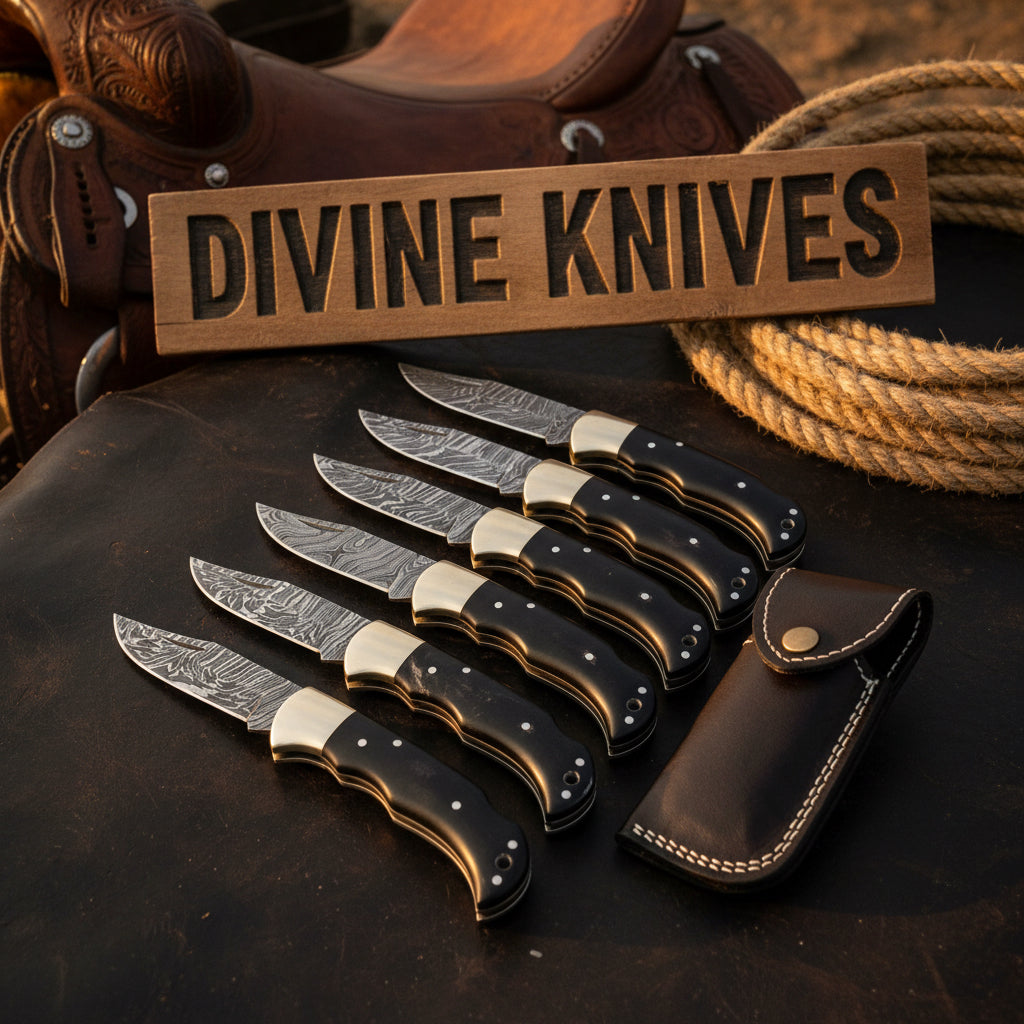 Ebony Cap Lockback Set with Six Matched Damascus Folders