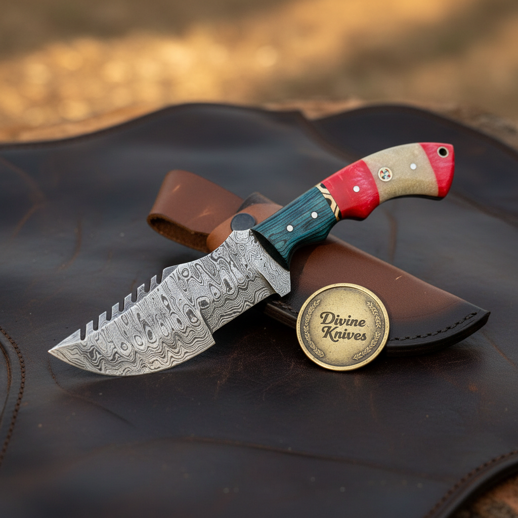 Segmented Resin Damascus Tracker Knife with Color-Blocked Handle