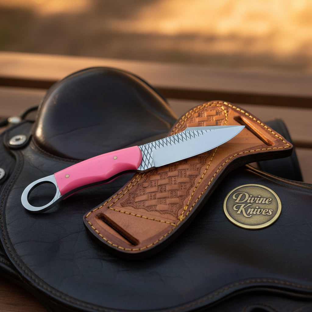 Pink Resin Rasp Ring Skinner Knife with Rasp File Blade