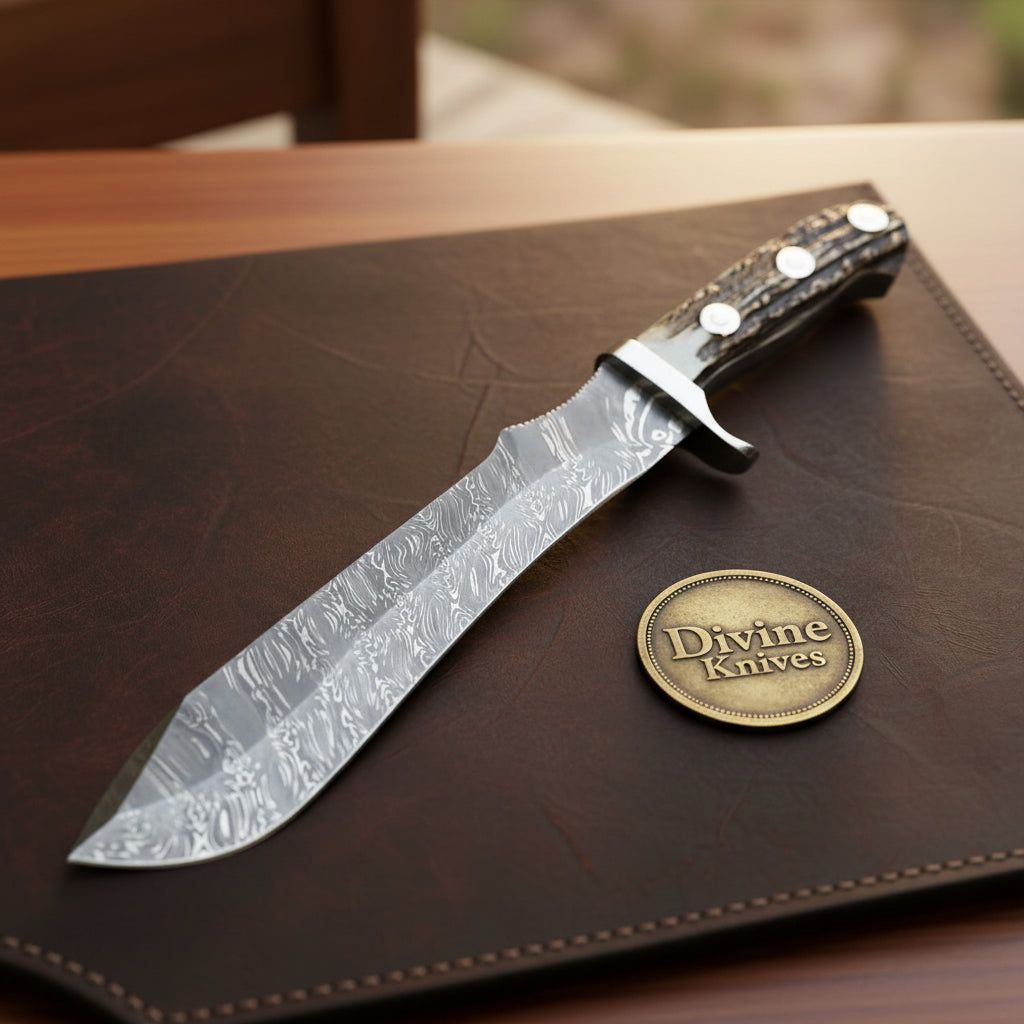 Stag Scale Bolo Knife with Sawtooth Spine and Wide Bellied Forged Blade for Outdoor Chopping