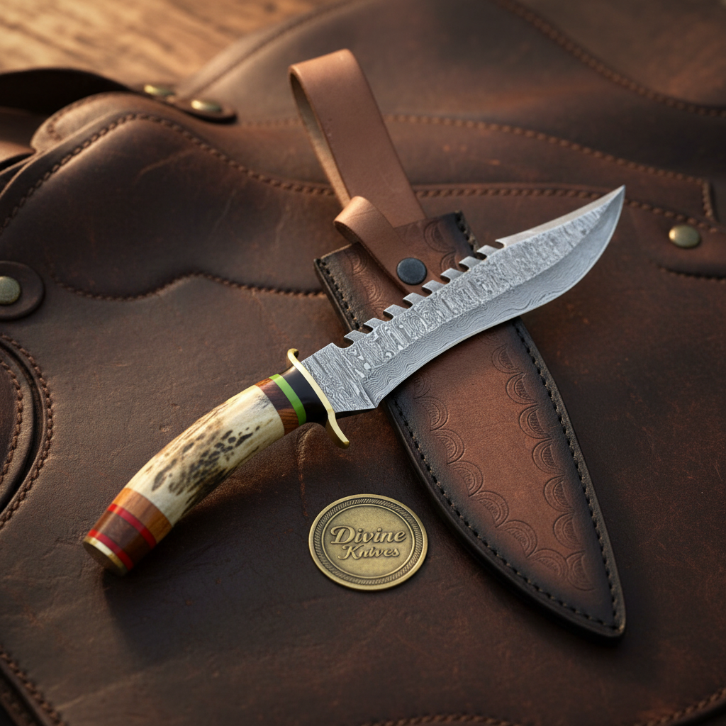 Serrated Spine Bowie Knife with Stag Antler Handle and Hand Forged Layered Blade