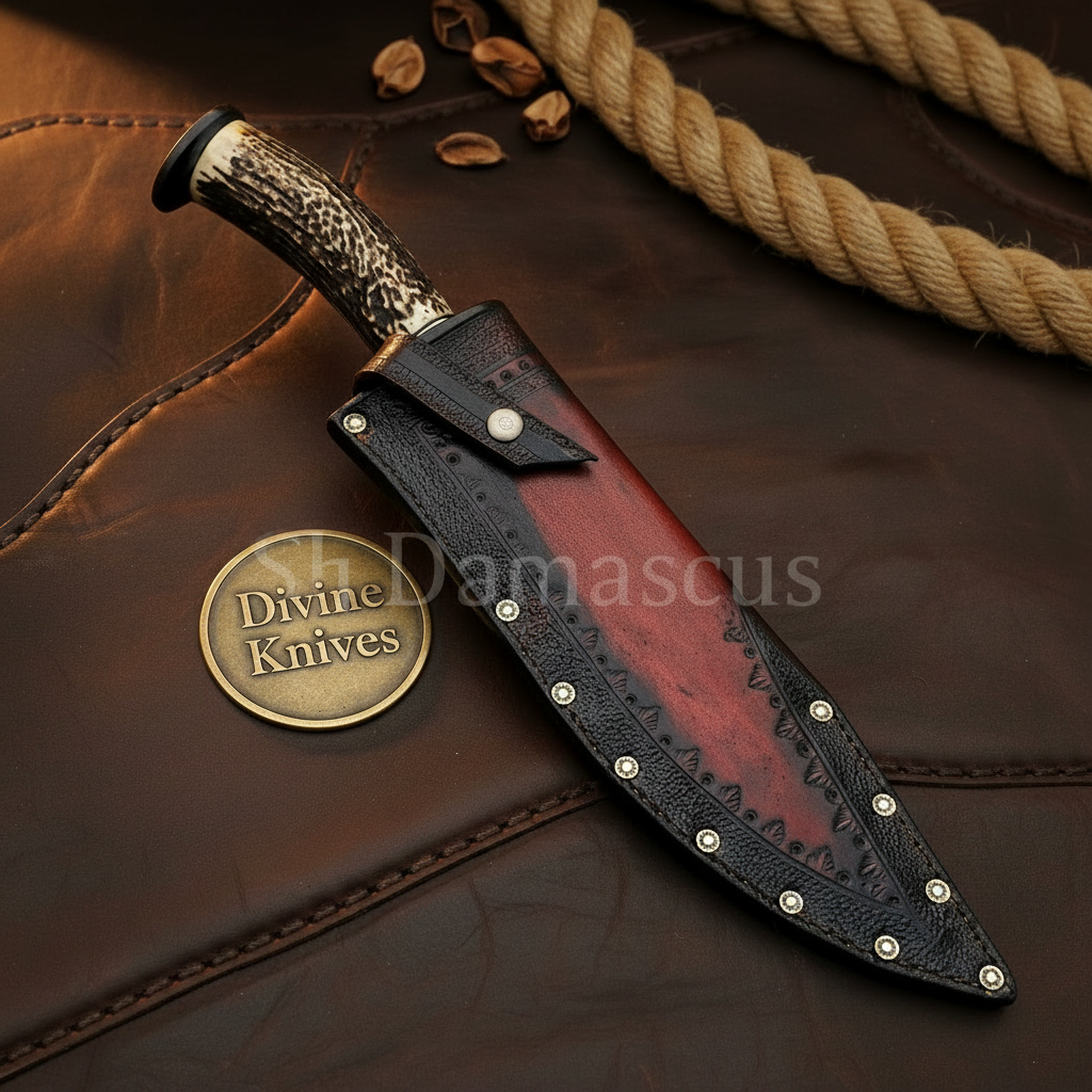 Hammered Coffin Antler Clip-Point Bowie with Angular Grip