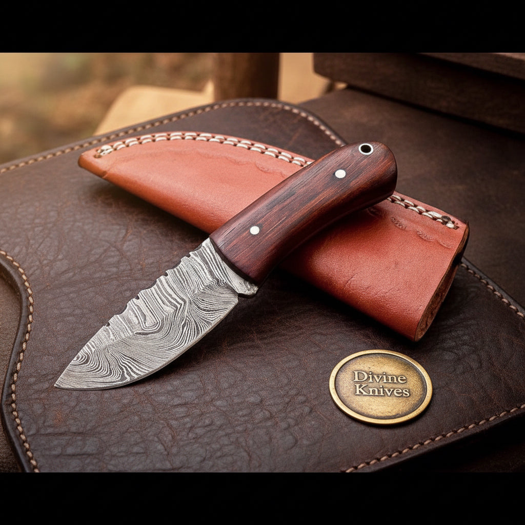 Damascus Mini Rosewood Hunter with Leather Sheath