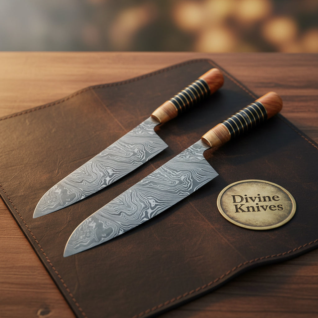 Olive Wood & Buffalo Horn Damascus Chef Knife with Stacked Handles