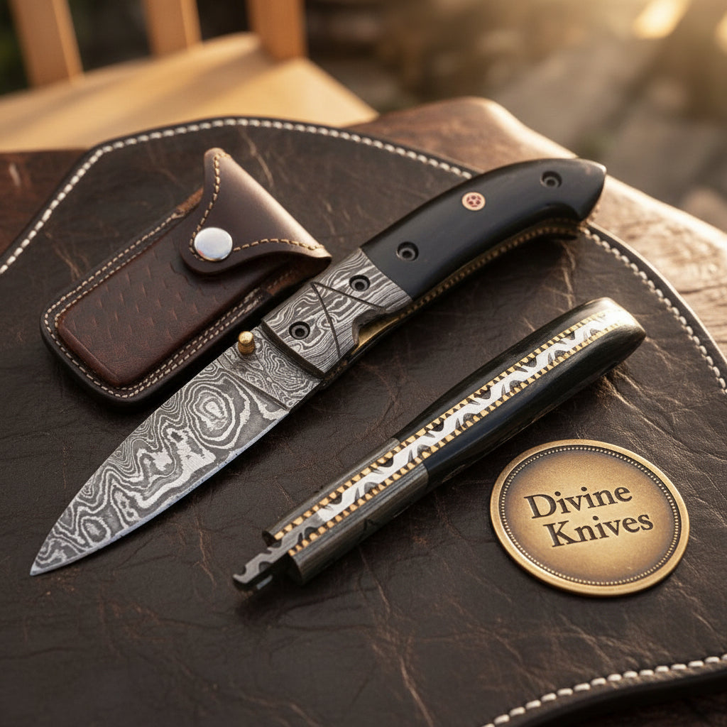 Slim Horn Handle Gentleman Folder with Forged Bolsters and Snap Close Leather Pouch