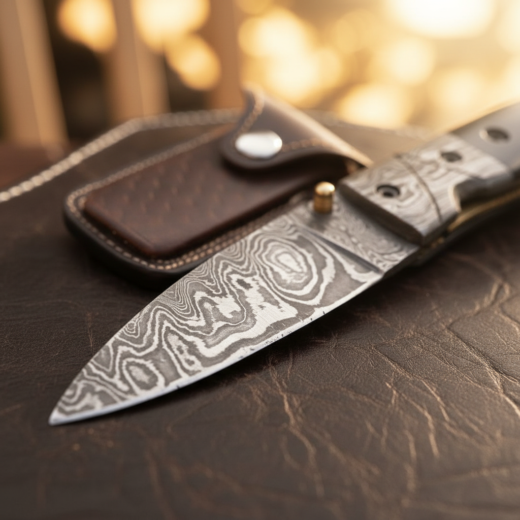 Slim Horn Handle Gentleman Folder with Forged Bolsters and Snap Close Leather Pouch