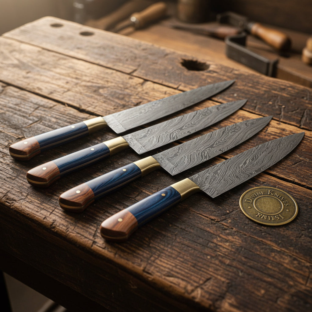 Blue Oak Japanese Chef Set with Wood Grain Damascus Blades
