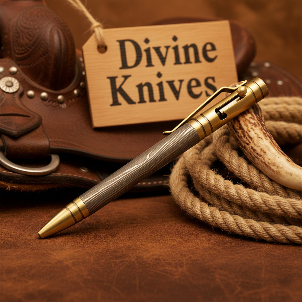 Brass Bolt Action Damascus Pen with Wood Grain Damascus Barrel
