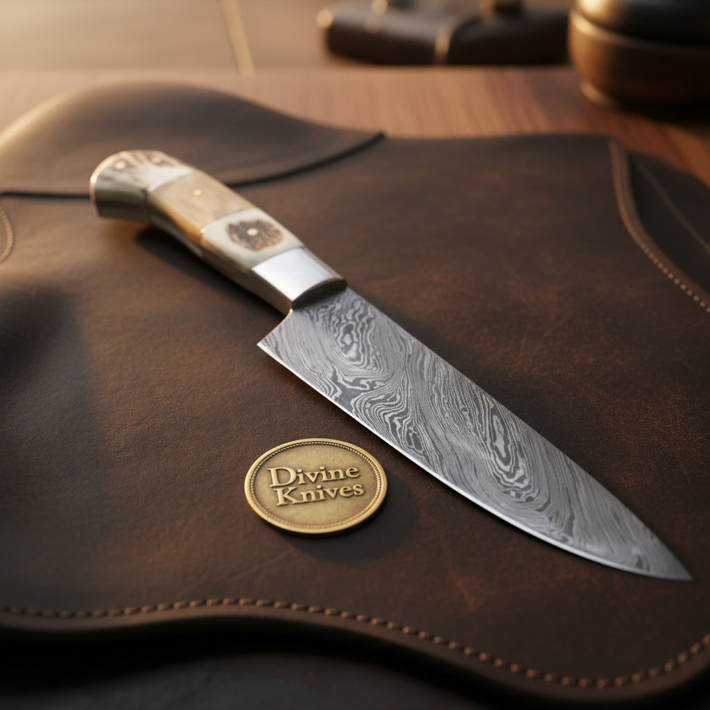 Handmade Bone Handle Chef Knife with Twin Steel Bolsters and Layered Forged Blade