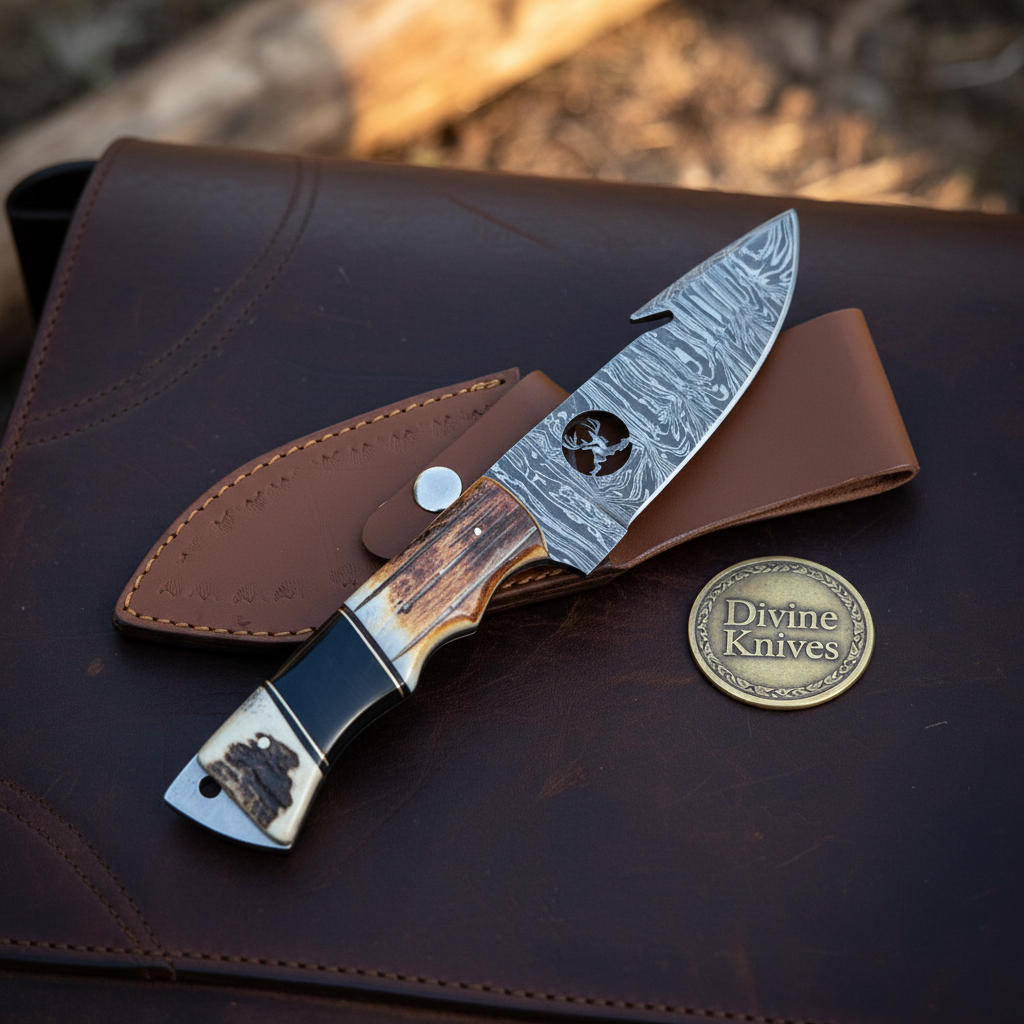 Deer Silhouette Gut Hook Knife with Cutout Blade Artwork and Stag Bone Handle