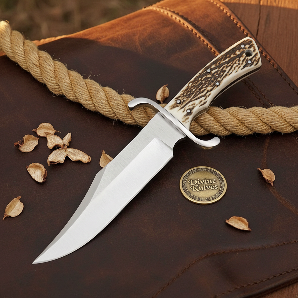 Jigged Stag Bowie Knife with Mirror Polished Clip Point Blade and Black Leather Sheath