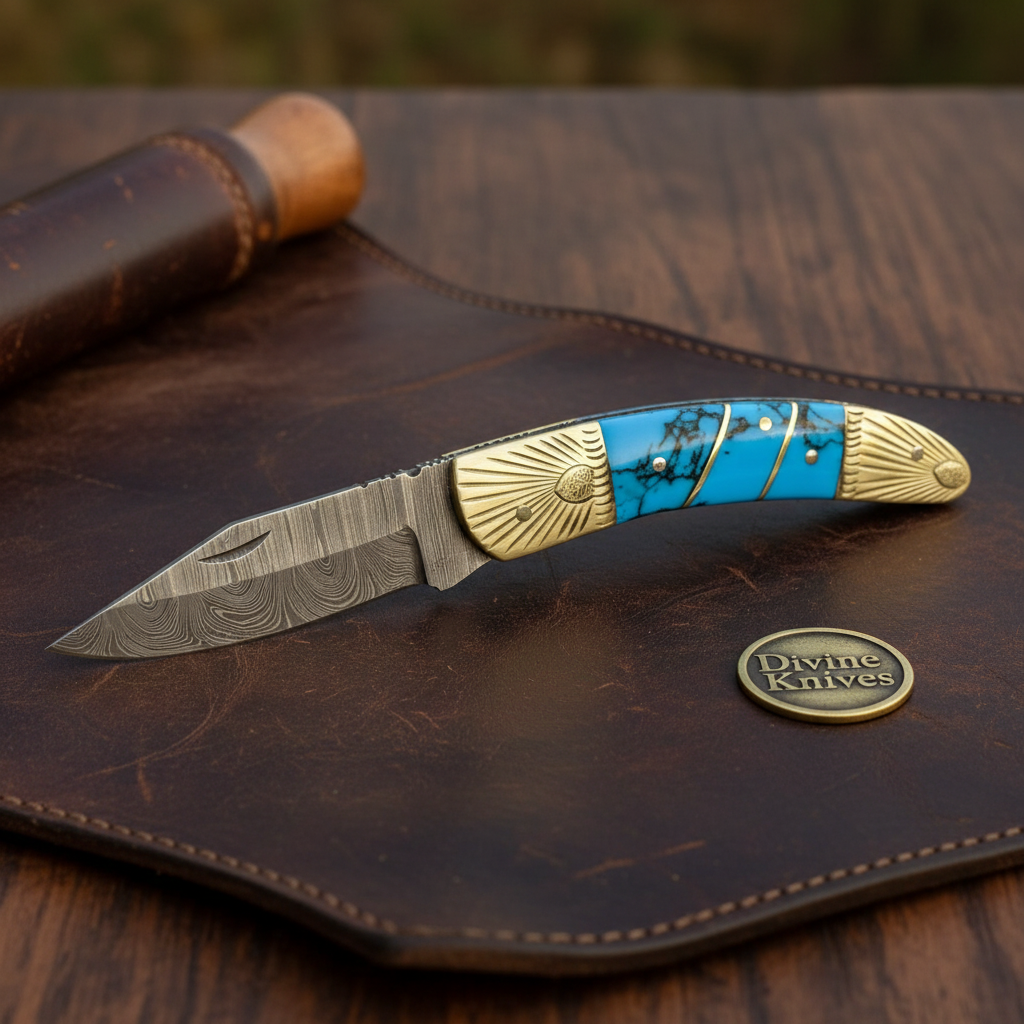 Engraved Brass Bolster Damascus Folder with Turquoise Scales and Sharpening Rod