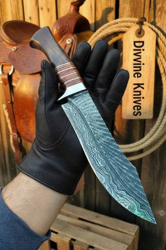 9 Inch Ranger Damascus Bowie with Wood-Grain Blade