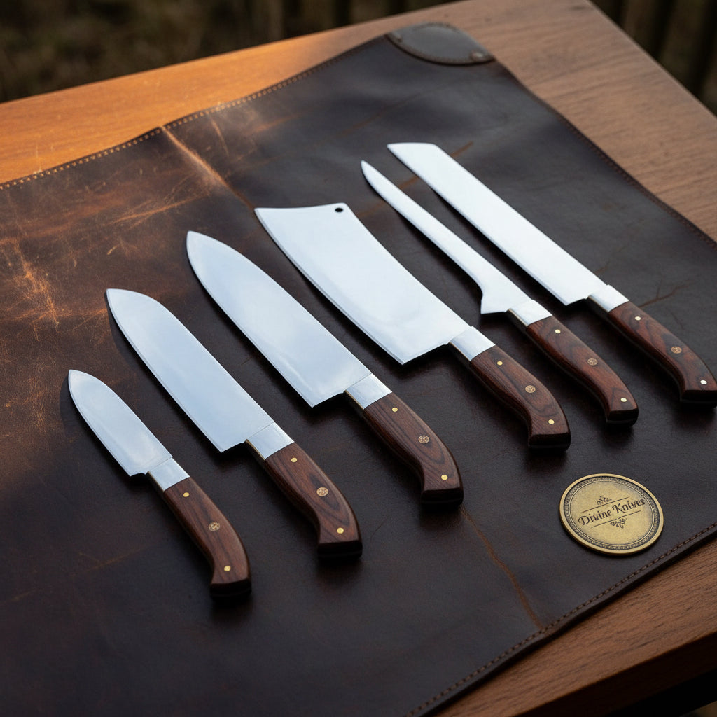 Brown Pakkawood Full-Tang Kitchen Knife Set for Everyday Cooking
