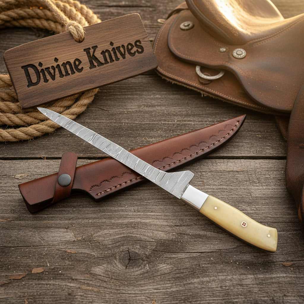 Camel Bone Damascus Fillet with Single Piece Bone Handle