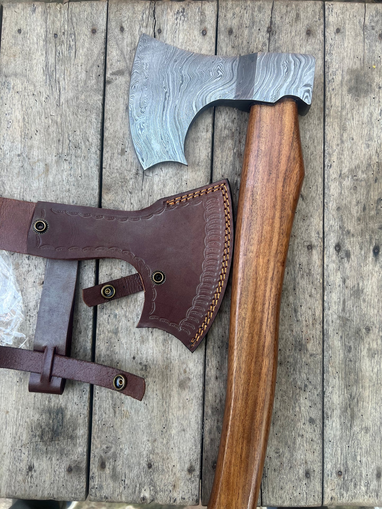 Damascus Viking Bearded Hatchet with Bare Wood Haft