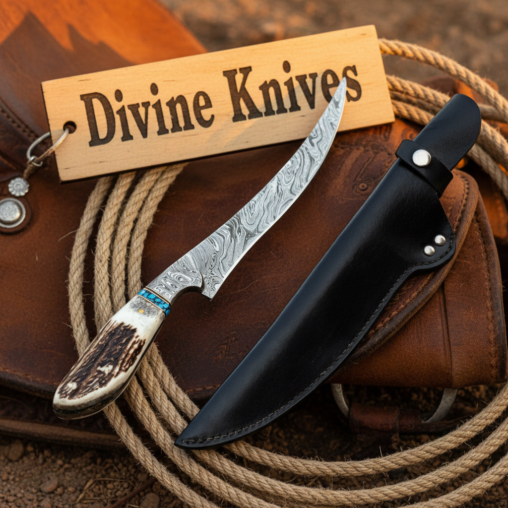 Stag Handle Fillet Knife with Turquoise Spacer and Curved Patterned Blade for Fish and Game Prep