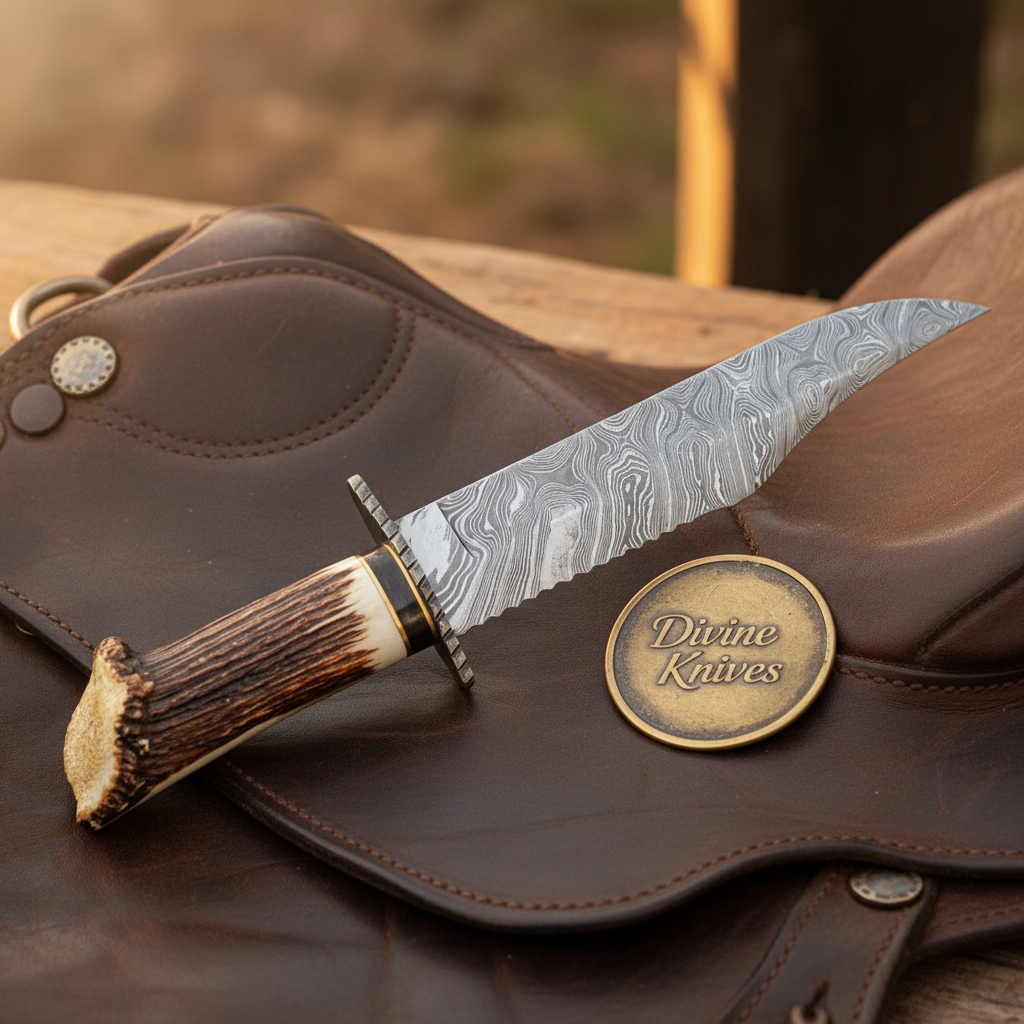 Crown Antler Bowie Knife with Hand Forged Layered Blade and Stitched Leather Sheath