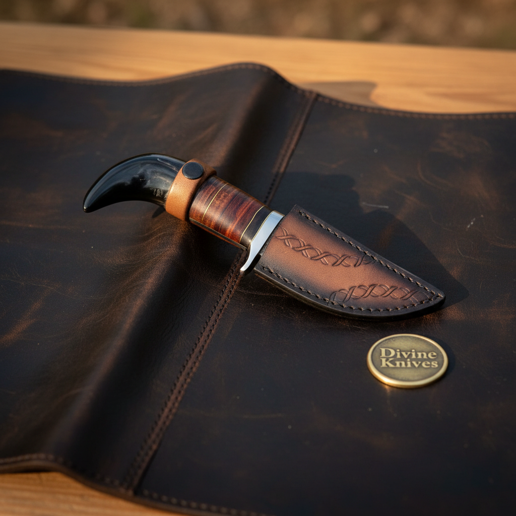 Buffalo Horn Caping Knife with Stacked Leather Grip and Braid Tooled Leather Sheath
