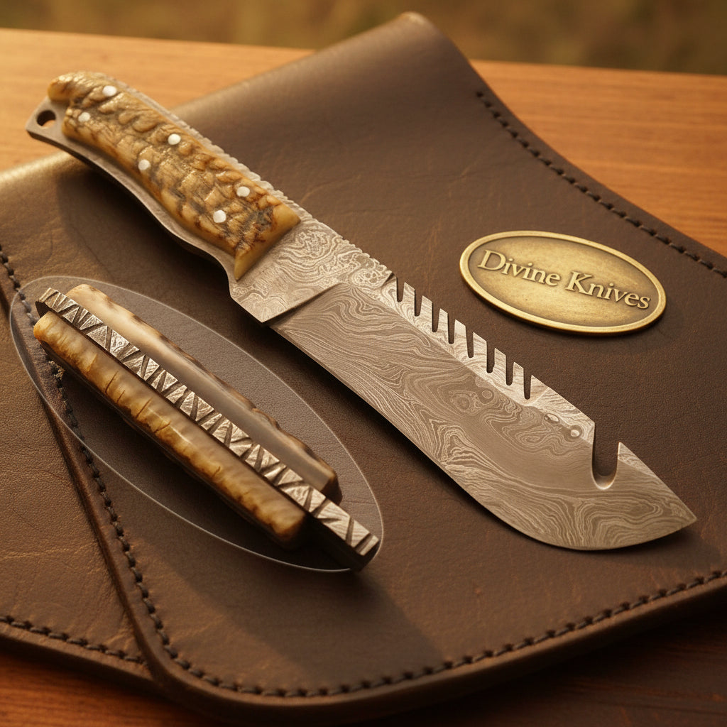 Ram Horn Sawback Survival Knife with Squared Gut Hook Tip and Full Tang Layered Blade