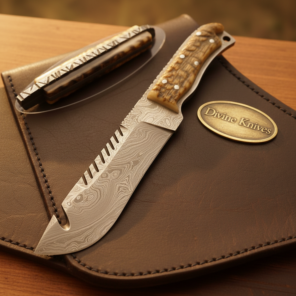 Ram Horn Sawback Survival Knife with Squared Gut Hook Tip and Full Tang Layered Blade