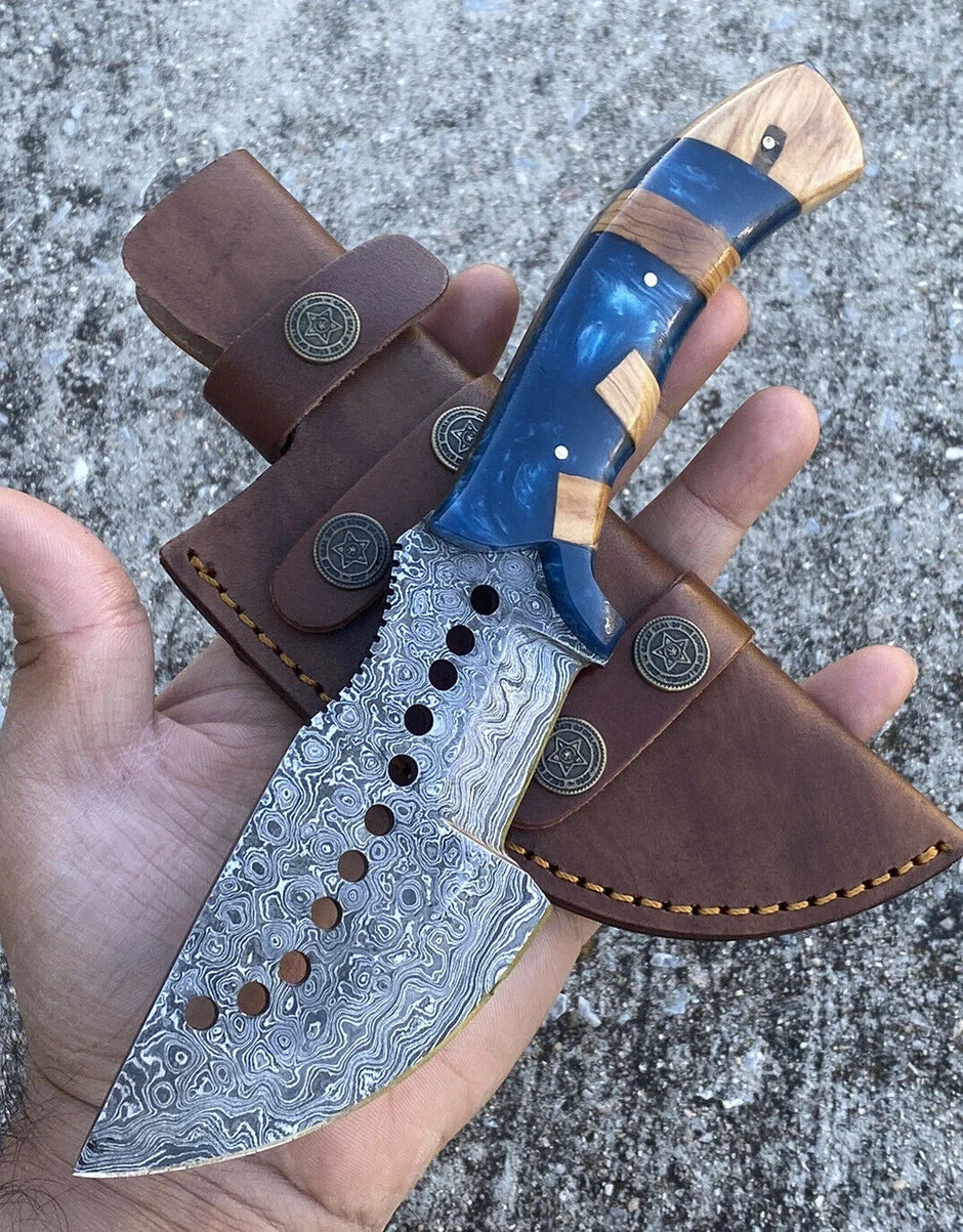Drilled Blade Tracker Knife with Blue Resin & Olive Wood Handle