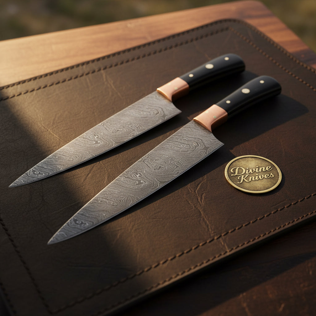 Copper Bolster Damascus Gyuto Chef Knife Set for Kitchen Prep