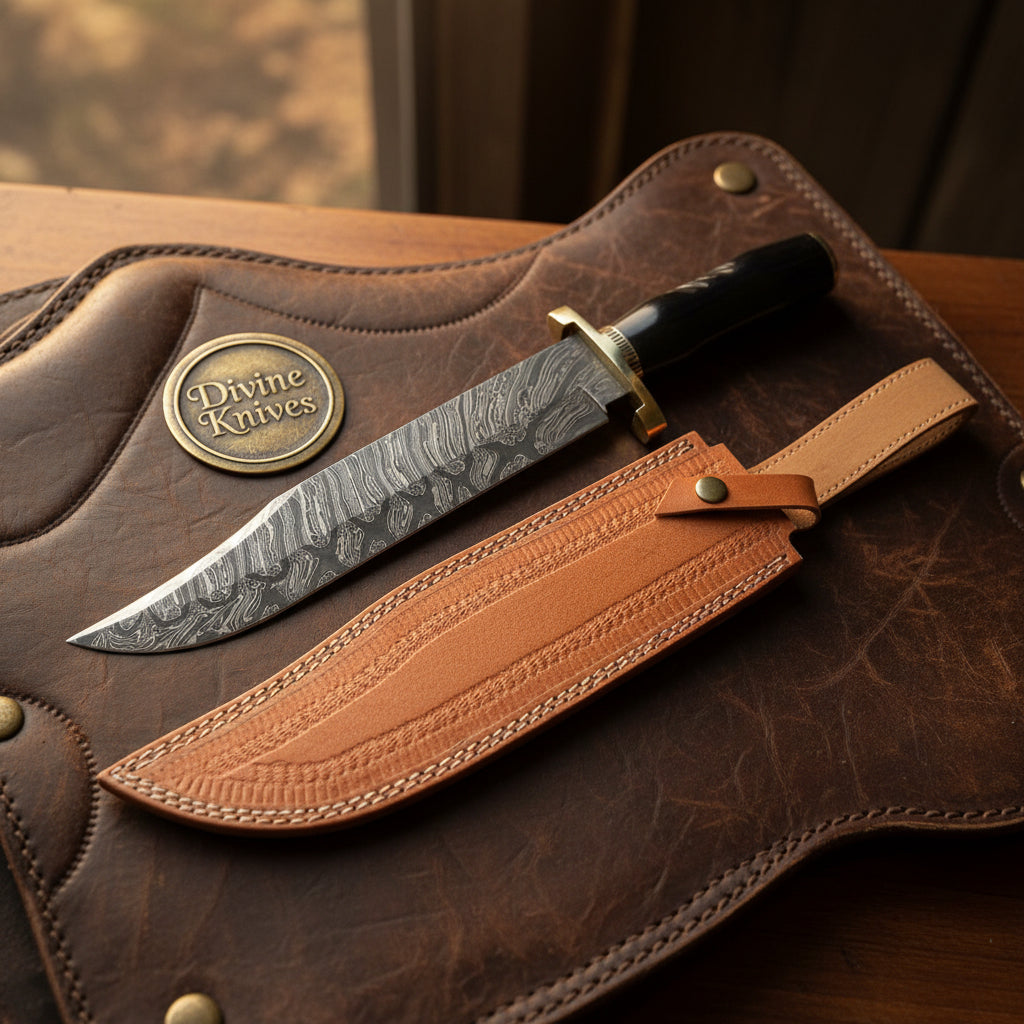 Black Horn Handle Bowie Knife with Brass Collar Guard and Tan Leather Sheath