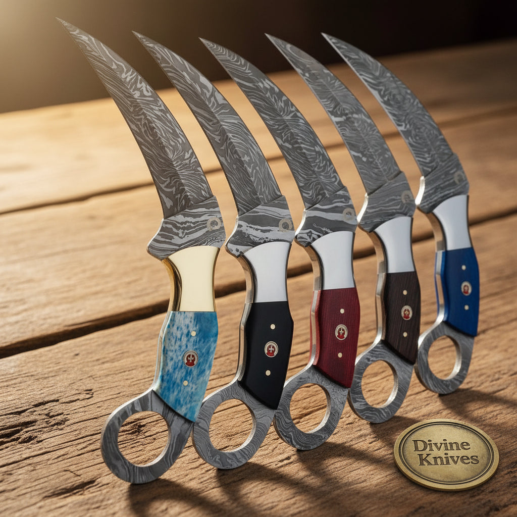 Ring Claw Damascus Karambit with Claw Blade & Integral Steel Ring