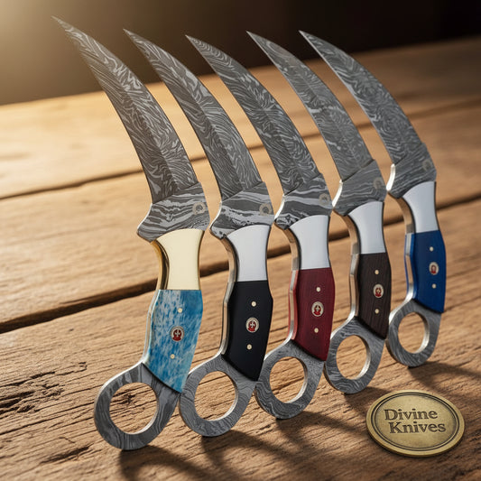 Ring Claw Damascus Karambit with Claw Blade & Integral Steel Ring