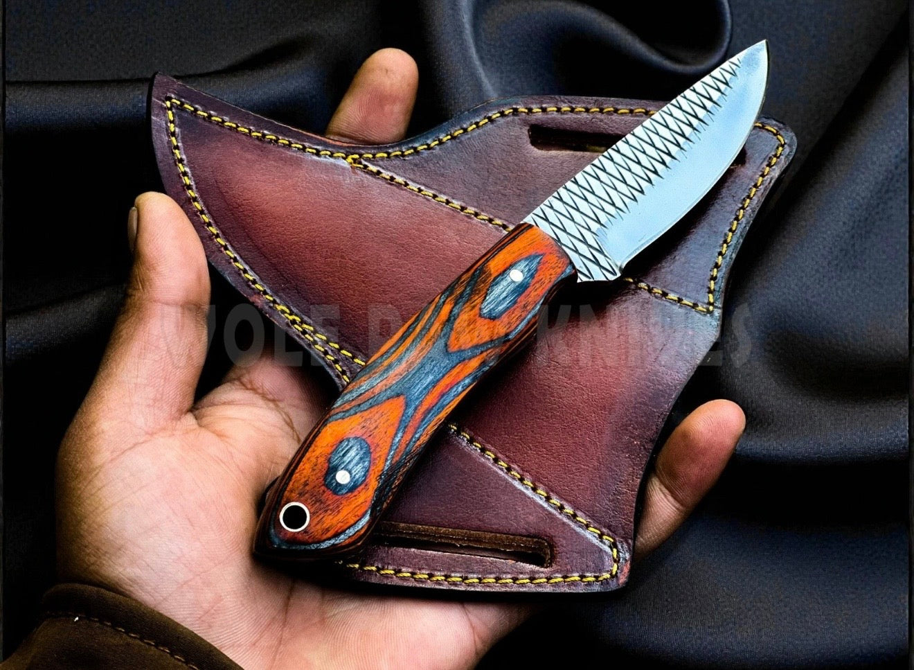 Orange Pakkawood Handle EDC Skinner Knife for Cowboy Style Collectors