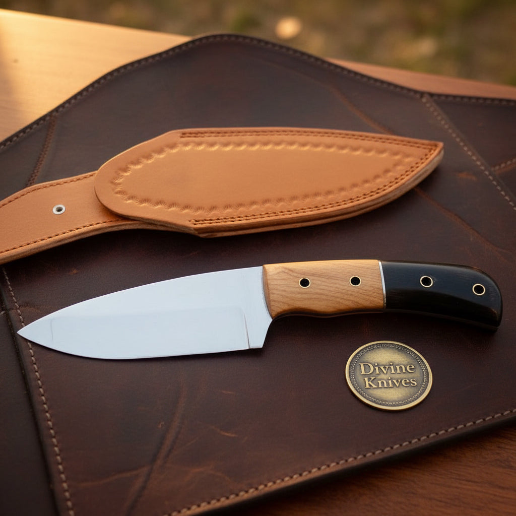 Olive Wood Handle EDC Knife with Buffalo Horn Inlay and Stamped Tan Leather Sheath