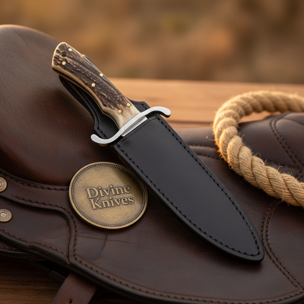 Jigged Stag Bowie Knife with Mirror Polished Clip Point Blade and Black Leather Sheath